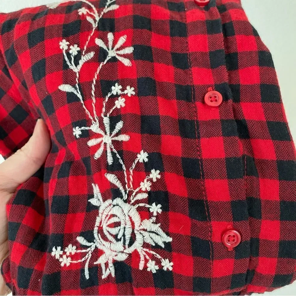 Gap Embroidered red Christmas Plaid button up ruffle shirt Dress girls XL